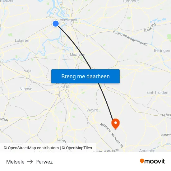 Melsele to Perwez map