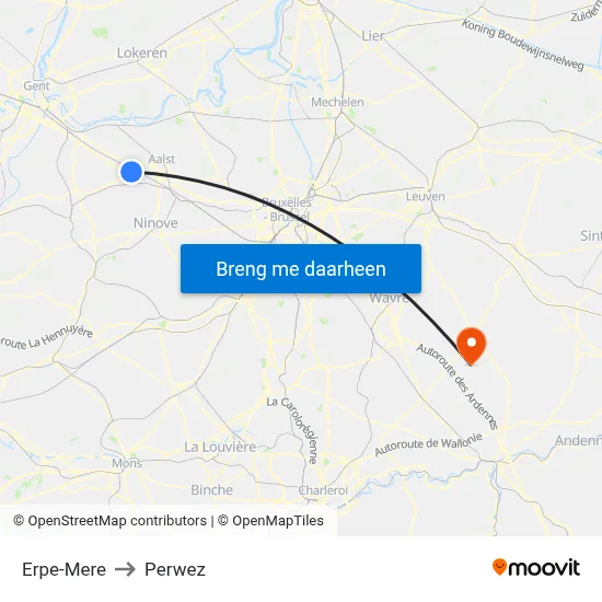 Erpe-Mere to Perwez map