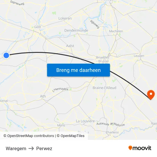 Waregem to Perwez map