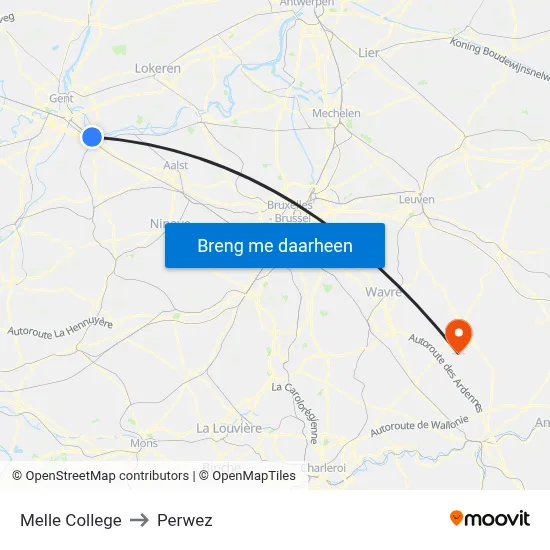 Melle College to Perwez map