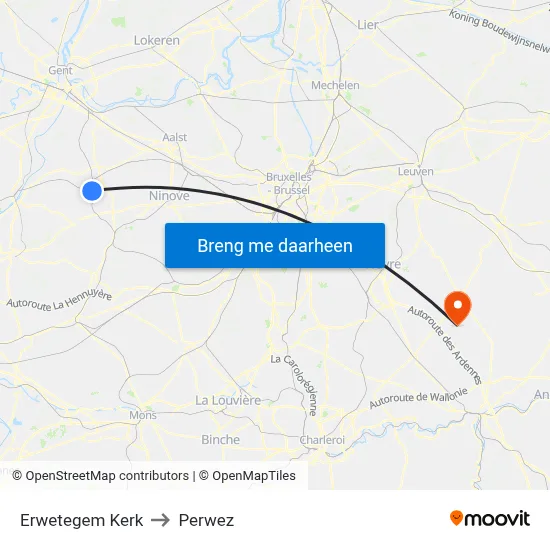 Erwetegem Kerk to Perwez map