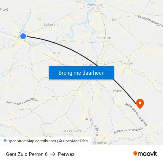 Gent Zuid Perron 6 to Perwez map