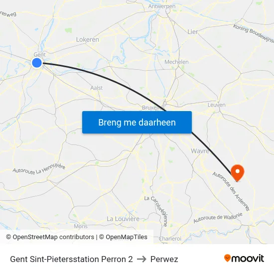 Gent Sint-Pietersstation Perron 2 to Perwez map