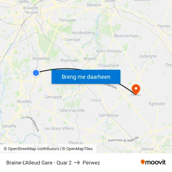Braine-L'Alleud Gare - Quai 2 to Perwez map