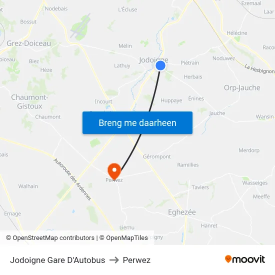 Jodoigne Gare D'Autobus to Perwez map