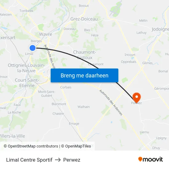 Limal Centre Sportif to Perwez map