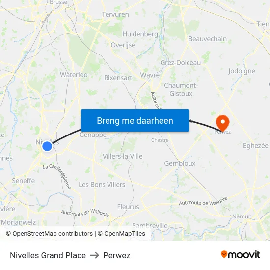 Nivelles Grand Place to Perwez map