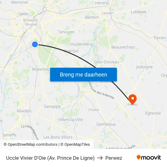 Uccle Vivier D'Oie (Av. Prince De Ligne) to Perwez map