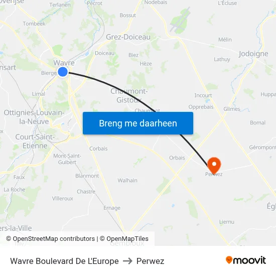 Wavre Boulevard De L'Europe to Perwez map