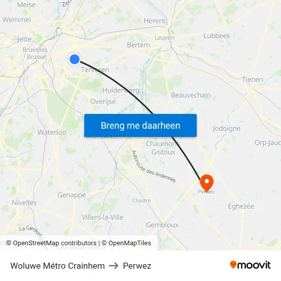 Woluwe Métro Crainhem to Perwez map