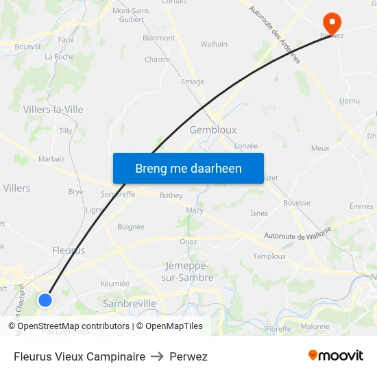 Fleurus Vieux Campinaire to Perwez map