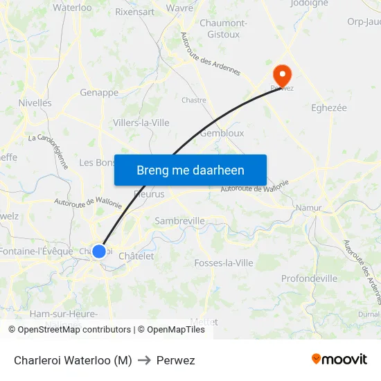 Charleroi Waterloo (M) to Perwez map