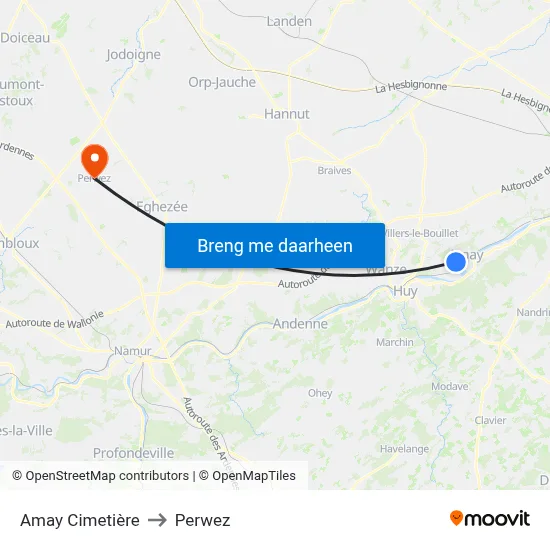 Amay Cimetière to Perwez map