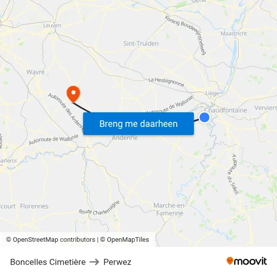 Boncelles Cimetière to Perwez map