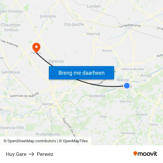 Huy Gare to Perwez map