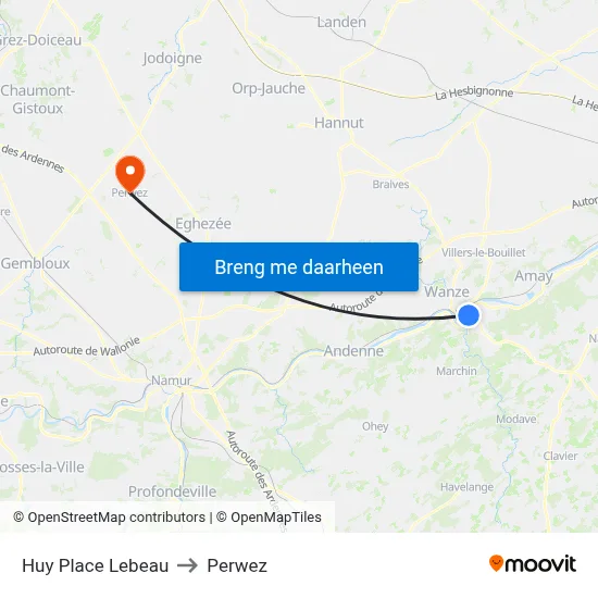 Huy Place Lebeau to Perwez map