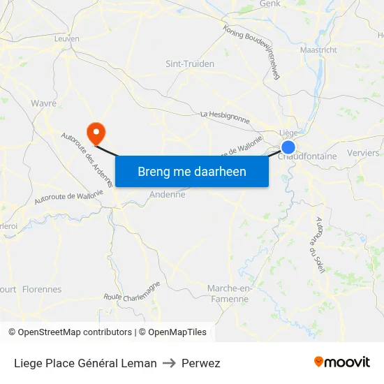 Liege Place Général Leman to Perwez map