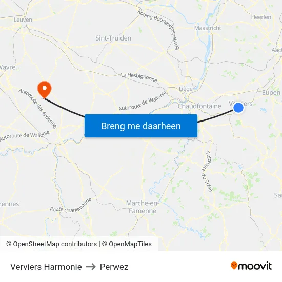 Verviers Harmonie to Perwez map