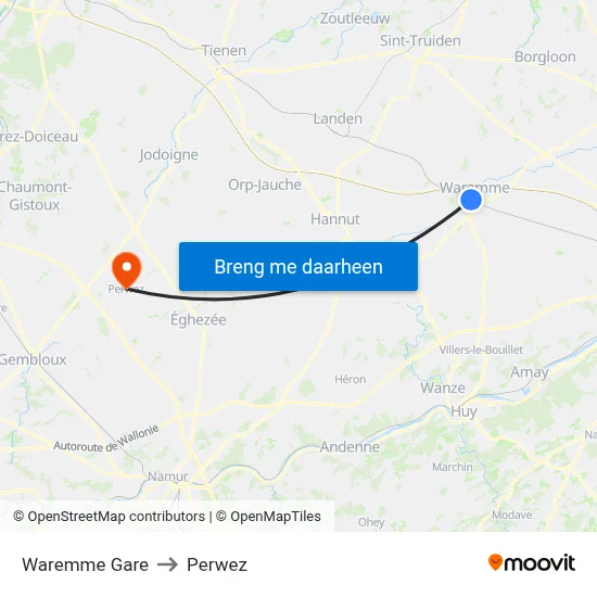 Waremme Gare to Perwez map