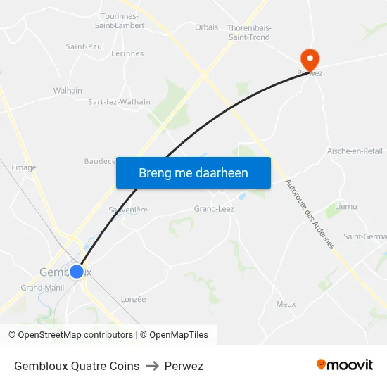 Gembloux Quatre Coins to Perwez map