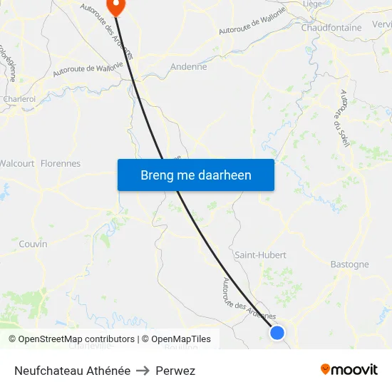 Neufchateau Athénée to Perwez map