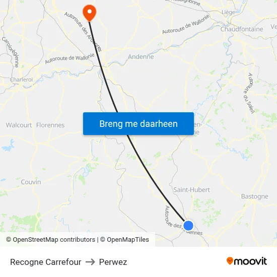 Recogne Carrefour to Perwez map