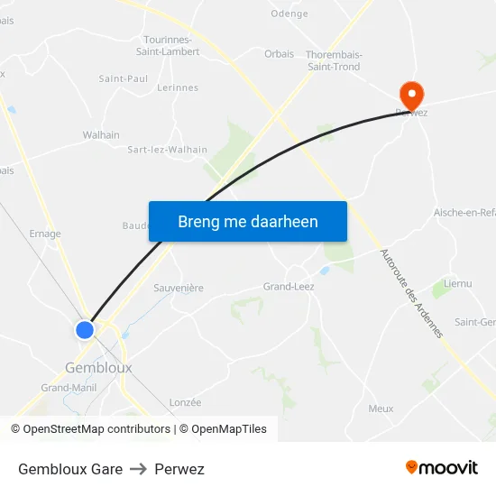 Gembloux Gare to Perwez map