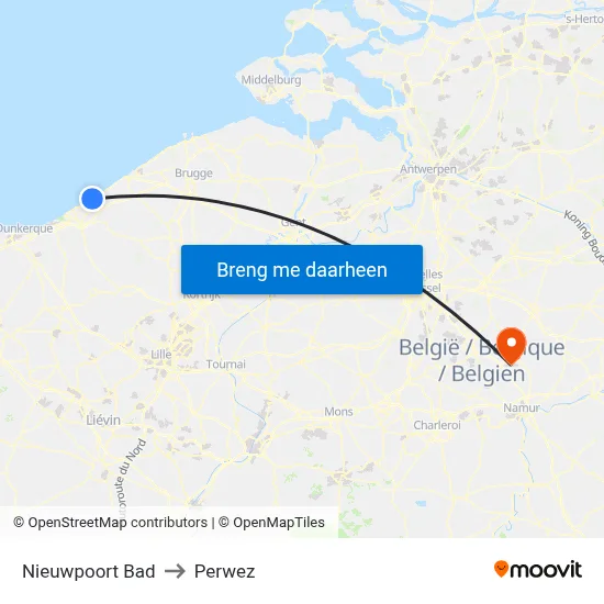 Nieuwpoort Bad to Perwez map