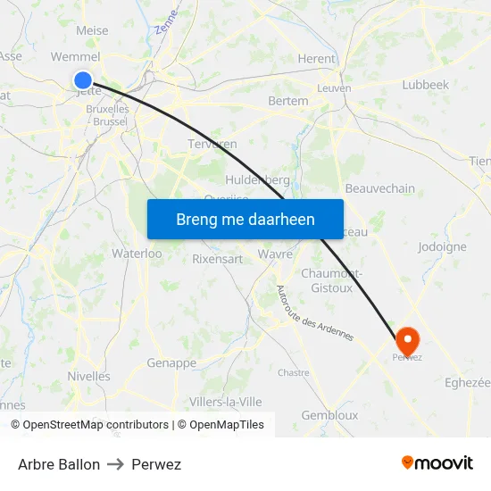 Arbre Ballon to Perwez map