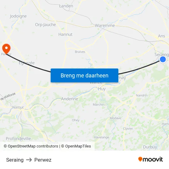 Seraing to Perwez map