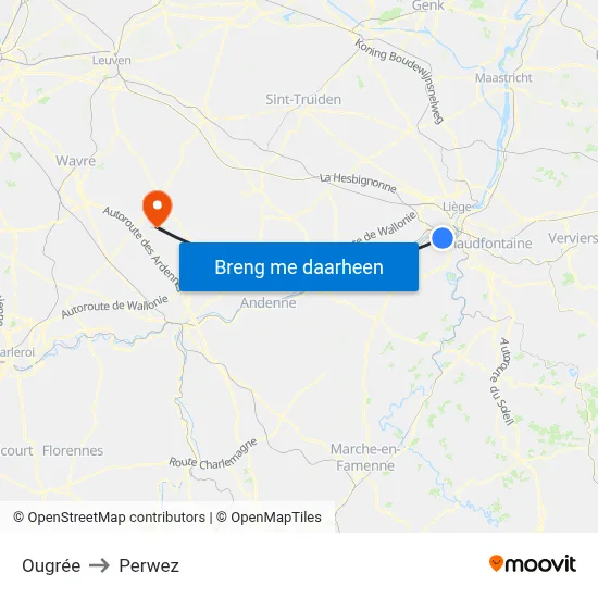 Ougrée to Perwez map
