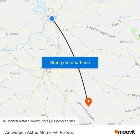 Antwerpen Astrid Metro to Perwez map