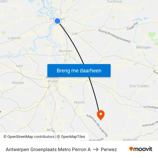 Antwerpen Groenplaats Metro Perron A to Perwez map