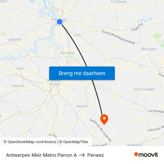 Antwerpen Meir Metro Perron A to Perwez map