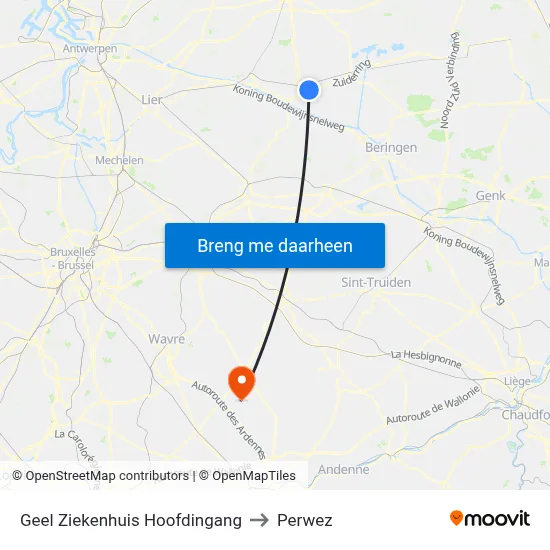 Geel Ziekenhuis Hoofdingang to Perwez map