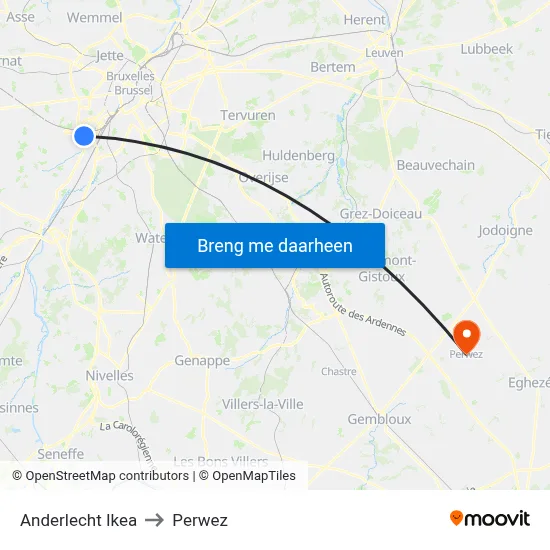 Anderlecht Ikea to Perwez map