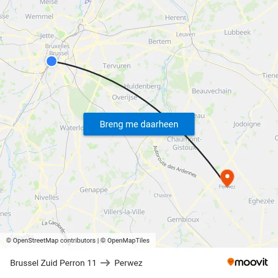 Brussel Zuid Perron 11 to Perwez map