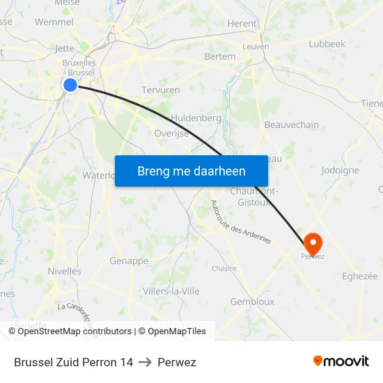 Brussel Zuid Perron 14 to Perwez map