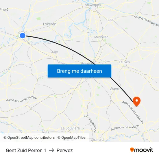 Gent Zuid Perron 1 to Perwez map