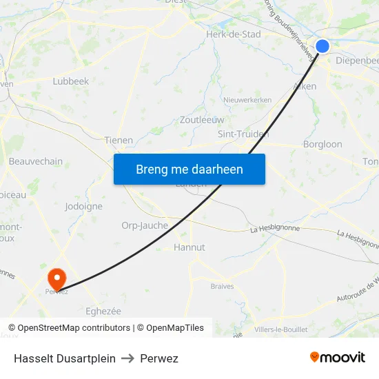Hasselt Dusartplein to Perwez map