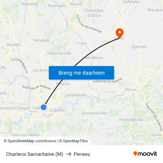 Charleroi Samaritaine (M) to Perwez map
