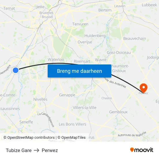 Tubize Gare to Perwez map