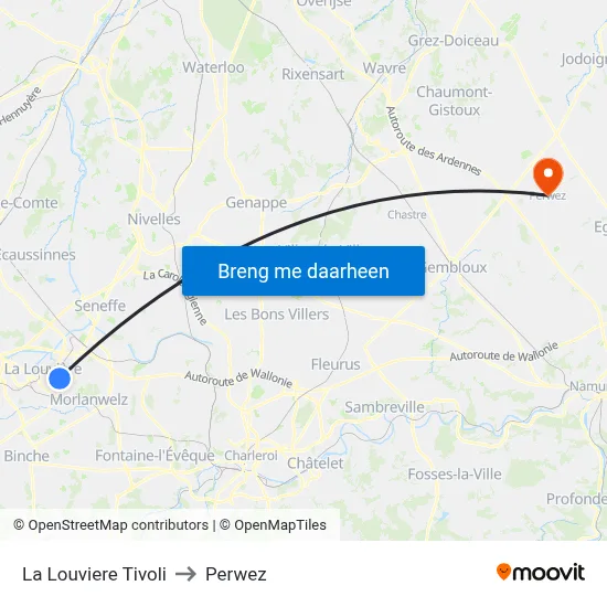 La Louviere Tivoli to Perwez map