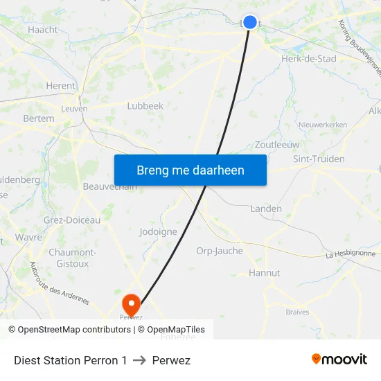 Diest Station Perron 1 to Perwez map