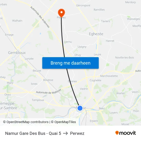 Namur Gare Des Bus - Quai 5 to Perwez map