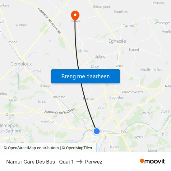 Namur Gare Des Bus - Quai 1 to Perwez map