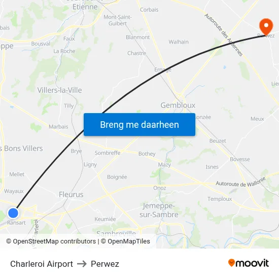 Charleroi Airport to Perwez map