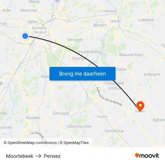 Moortebeek to Perwez map