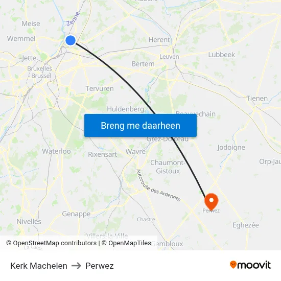 Kerk Machelen to Perwez map