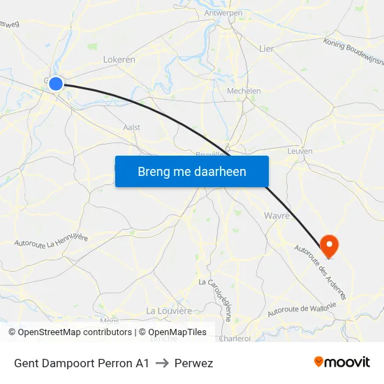 Gent Dampoort Perron A1 to Perwez map